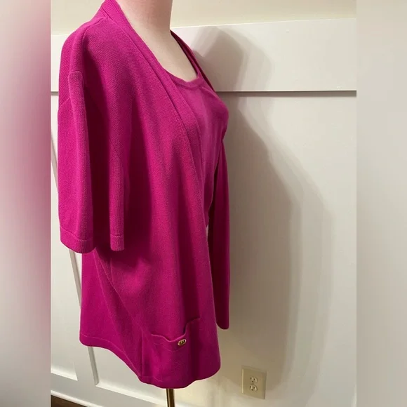 St. John Raspberry Pink 2-Piece Set Knit Sweater & Cardigan Size Large